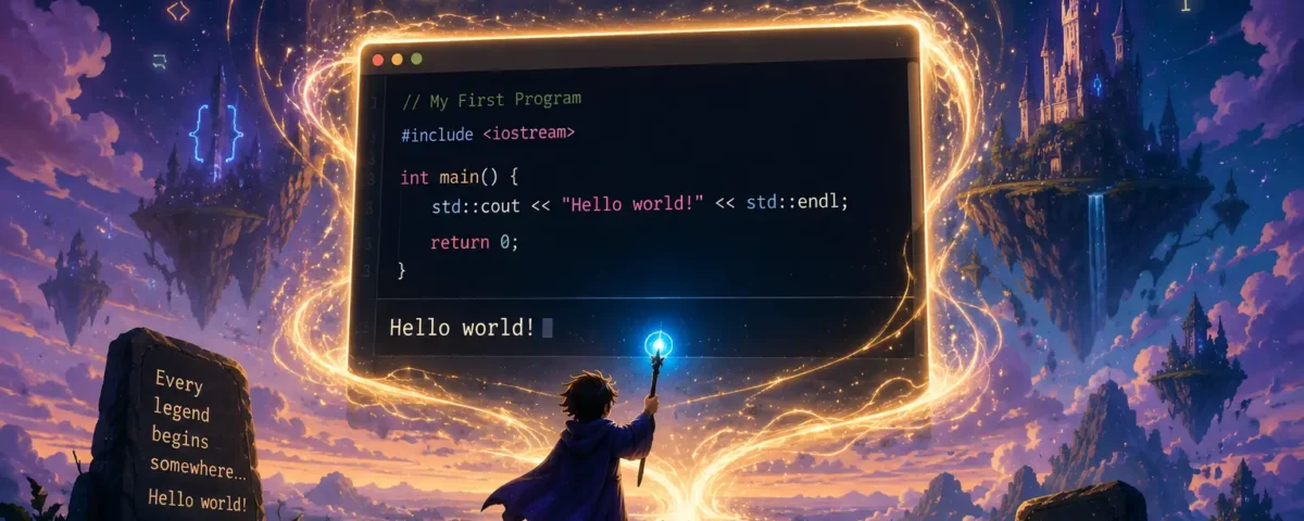 an fantasy image with a big title that said "hello world, first programming example"