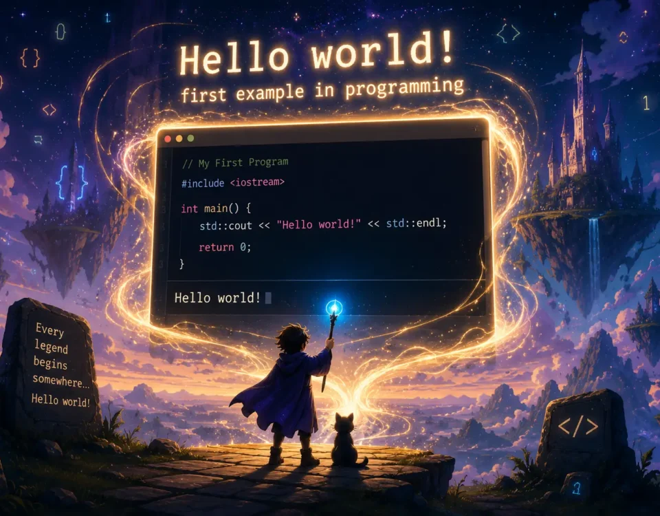 an fantasy image with a big title that said "hello world, first programming example"