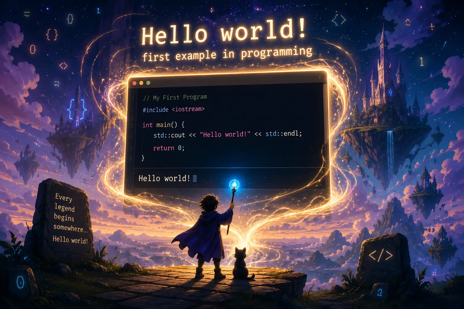 an fantasy image with a big title that said "hello world, first programming example"